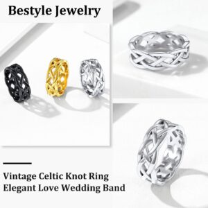 Bestyle Stainless Steel 7mm Wide Celtic Trinity Knot Eternity Wedding Engagement Band Ring, Solid Thick Irish Celtic Trinity Flower Finger Ring Stackable, Size 7