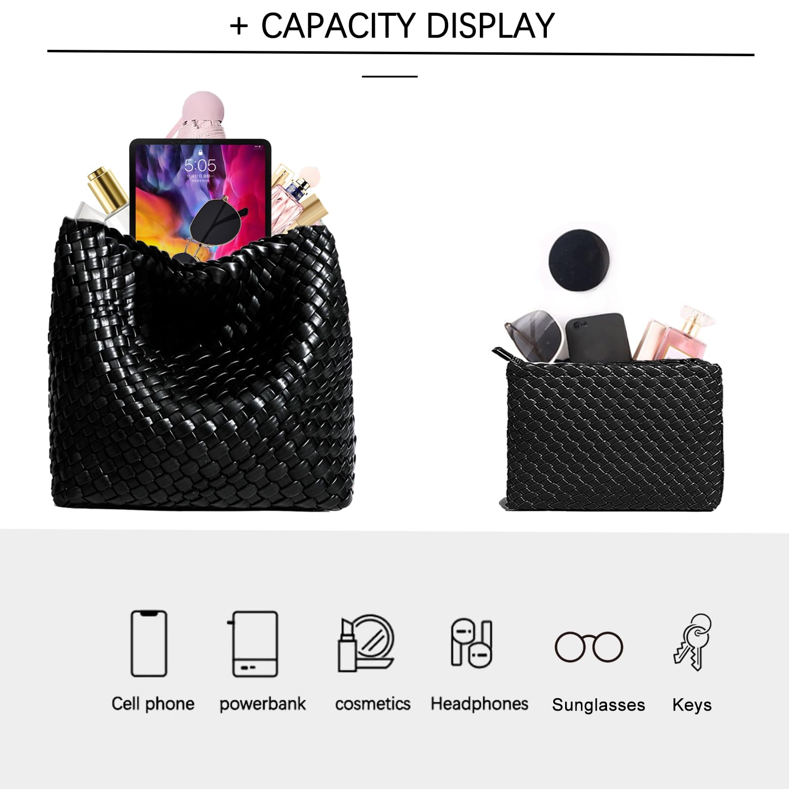 Handmade Woven Shoulder Bags for Women Cute Hobo Tote Handbag Mini Clutch Purse with Magnetic Buckle Crossbody Phone Bag (Black)