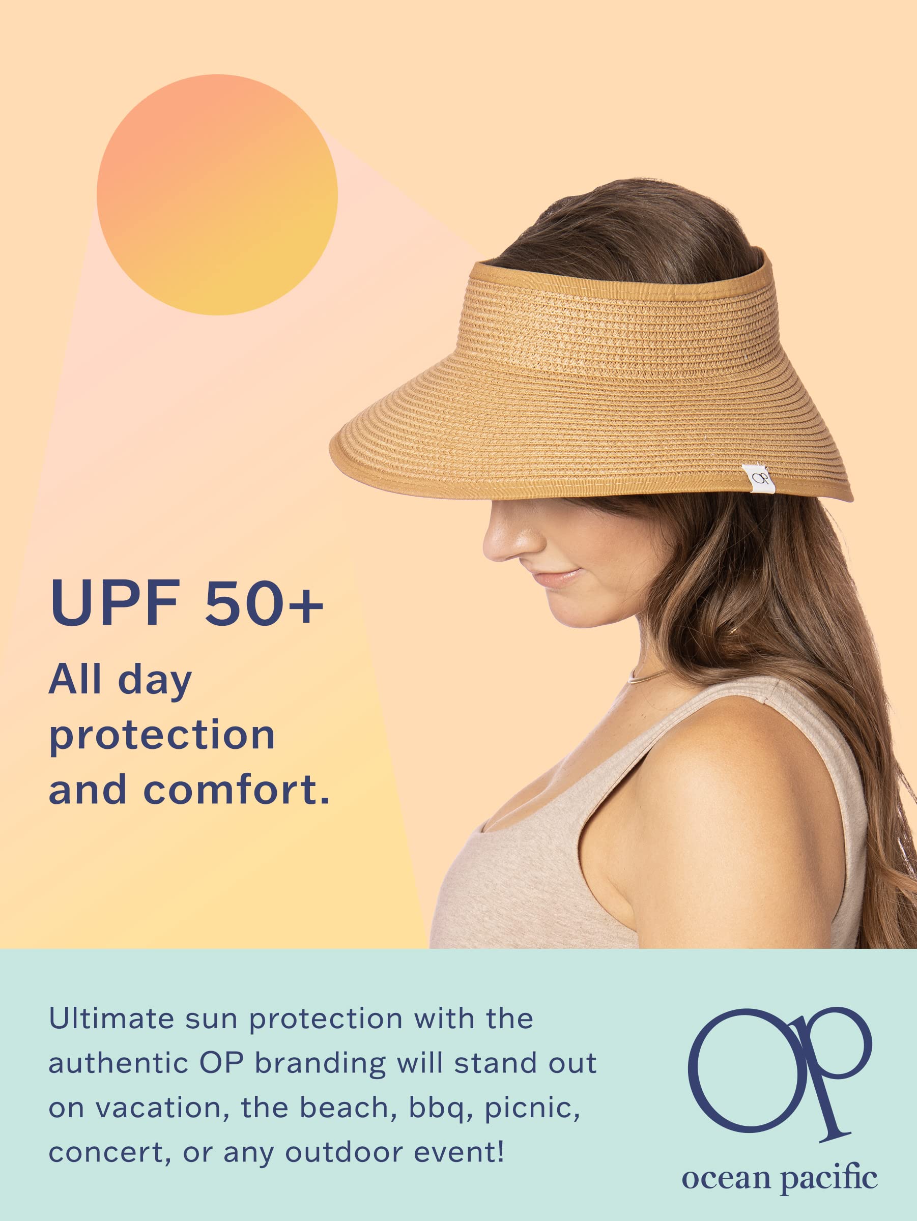 Ocean Pacific Beach Roll Up Straw Sun Hat Visor for Women, Sun Protection UPF 50 (Natural)