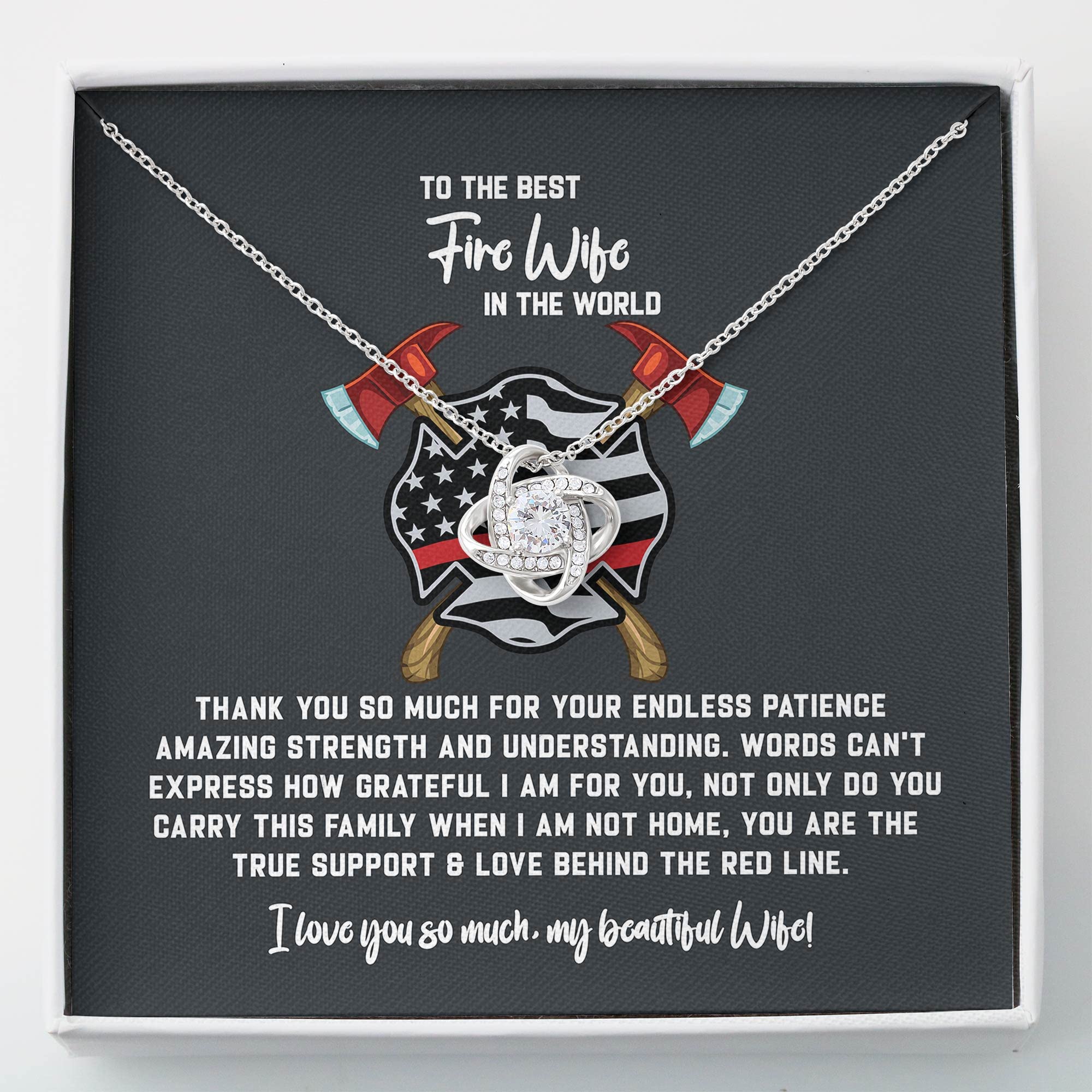 Firefighter Wife Necklace, Jewelry Message from Husband to Wife, Firefighter Job Necklace Present, Meaningful Card Message from Partner Two Toned Box - Love Knot