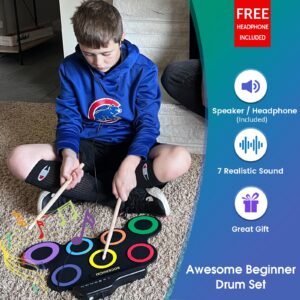 ROCKSOCKI Electric Drum Set, 7-Pad Kids Electronic Drum Set with Headphone Included, Roll-up Drum Practice Pad, Great Holiday Xmas Birthday Gift for Kids