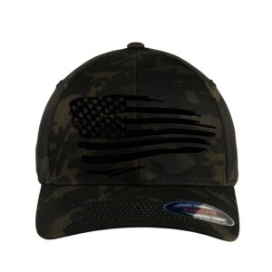 the blackout american flag 6277 flexfit hat - custom embroidered black usa flag flex-fitted baseball hat (s/m, multicam black camo)