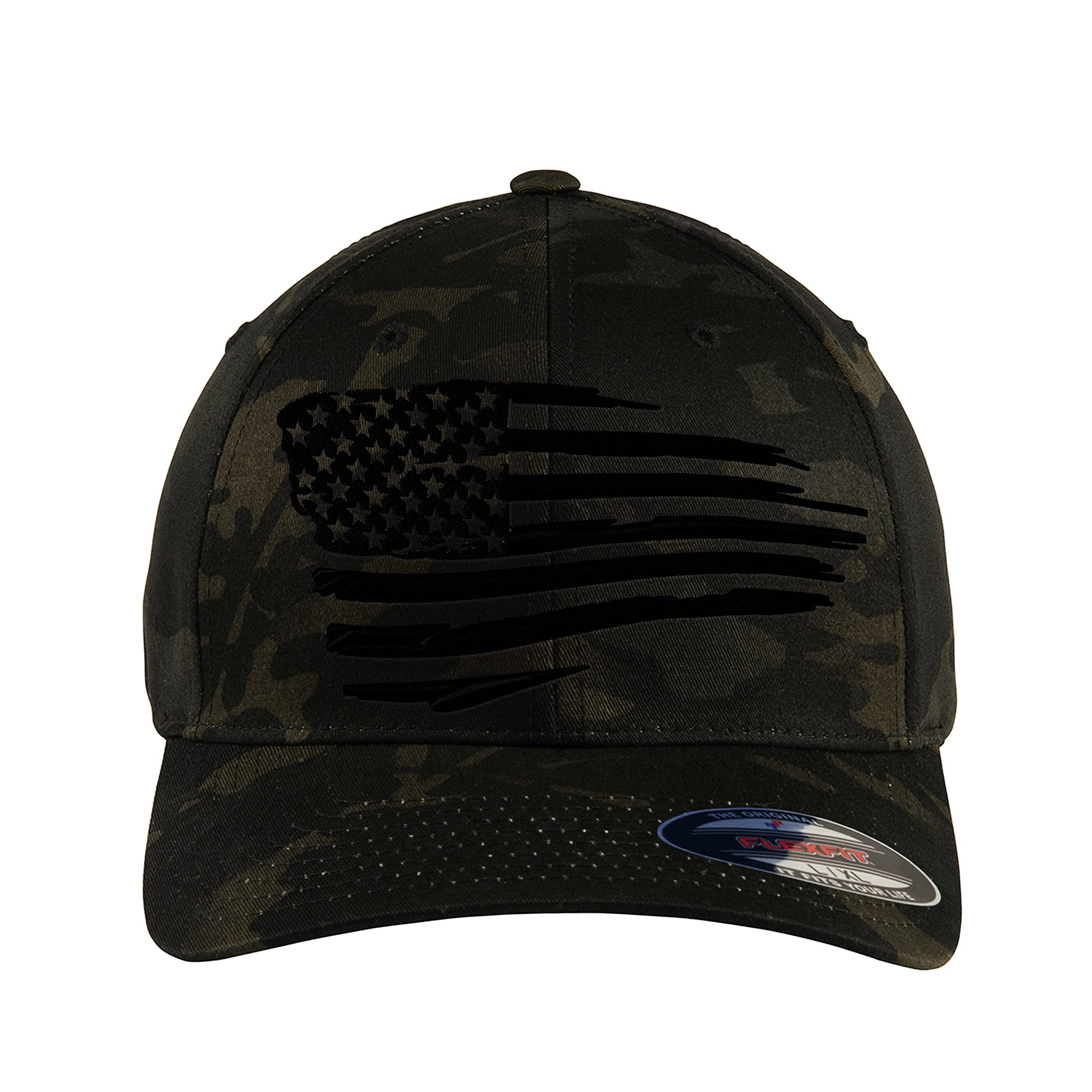 The Blackout American Flag 6277 Flexfit hat - Custom Embroidered Black USA flag flex-fitted baseball hat (S/M, Multicam Black Camo)