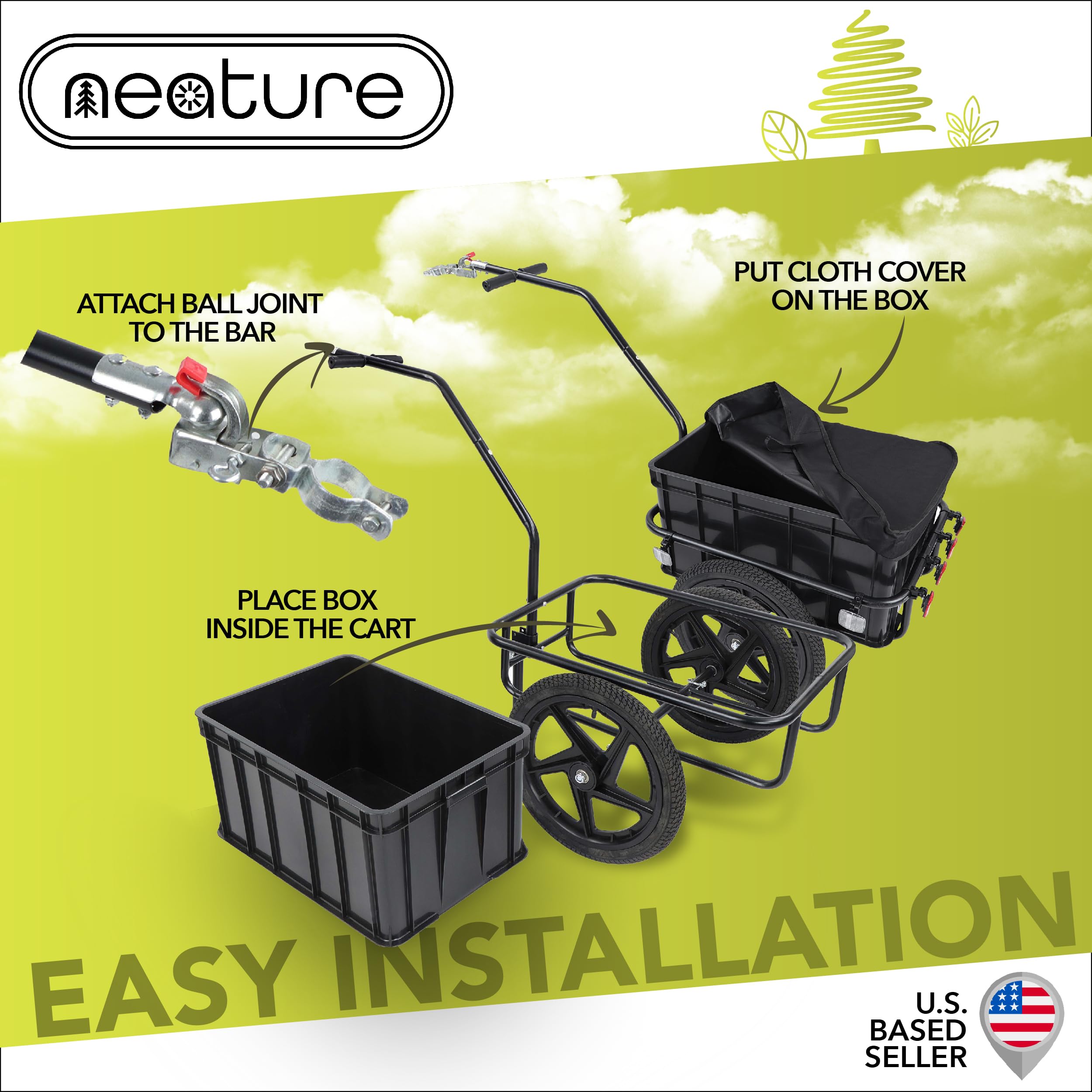 Neature Bike Trailer Utility Cart and Bike Trailer Attachment Kit - 88lb Capacity Towable Bike Cargo Wagon for Travel