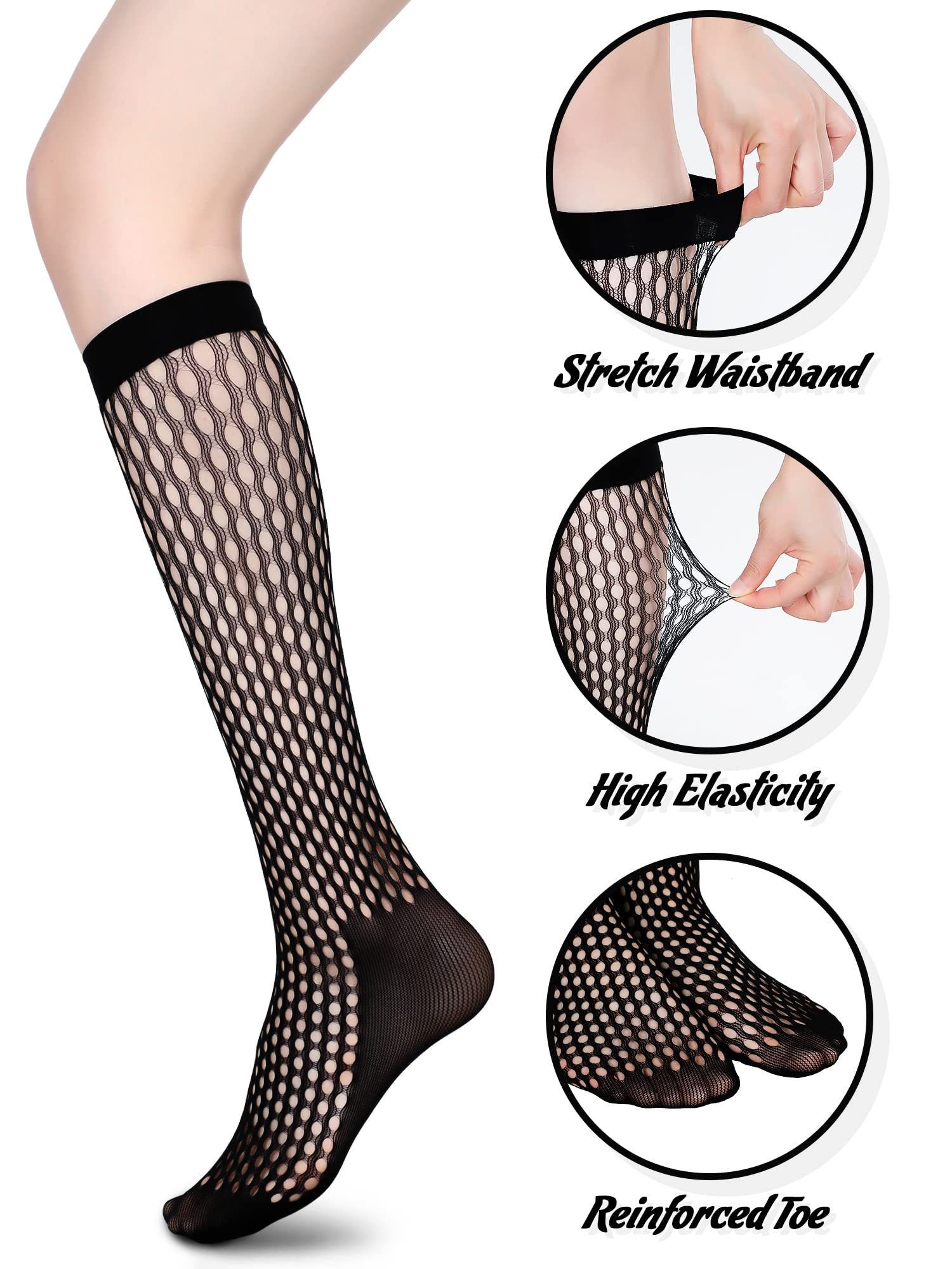 Geyoga 4 Pairs Women's Fishnet Knee High Stockings Lace Hollow out Women's Calf Socks Ankle Sheer Socks(Black,Delicate)