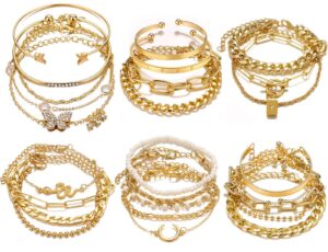 17if 25 pcs (6 pack) gold chain bracelets set for women boho punk stackable y2k multipack layered bangles pack adjustable cuff italian cuban anklet charm chunky bracelet bundle jewelry