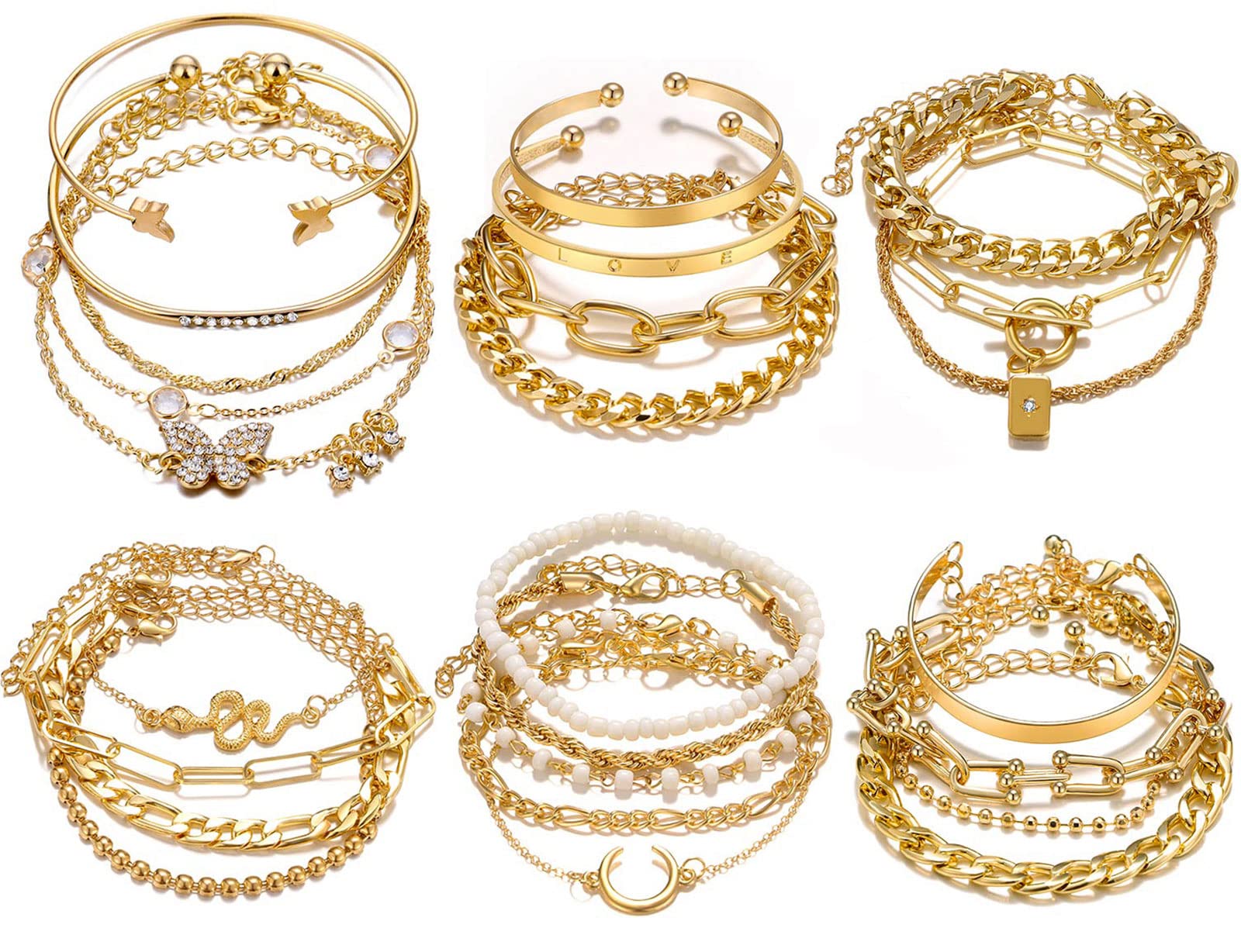 17IF 25 Pcs (6 Pack) Gold Chain Bracelets Set for Women Boho Punk Stackable Y2K Multipack Layered Bangles Pack Adjustable Cuff Italian Cuban Anklet Charm Chunky Bracelet Bundle Jewelry