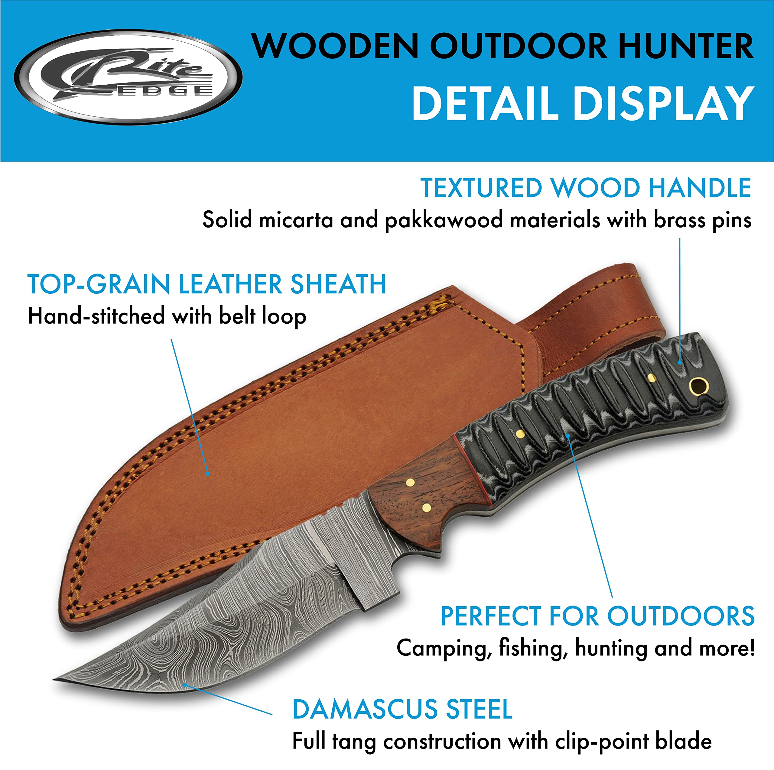 SZCO Supplies DM-1325 Combination Wood Handle Damascus Steel Outdoor Hunting Knife with Leather Sheath, 9.25" Length