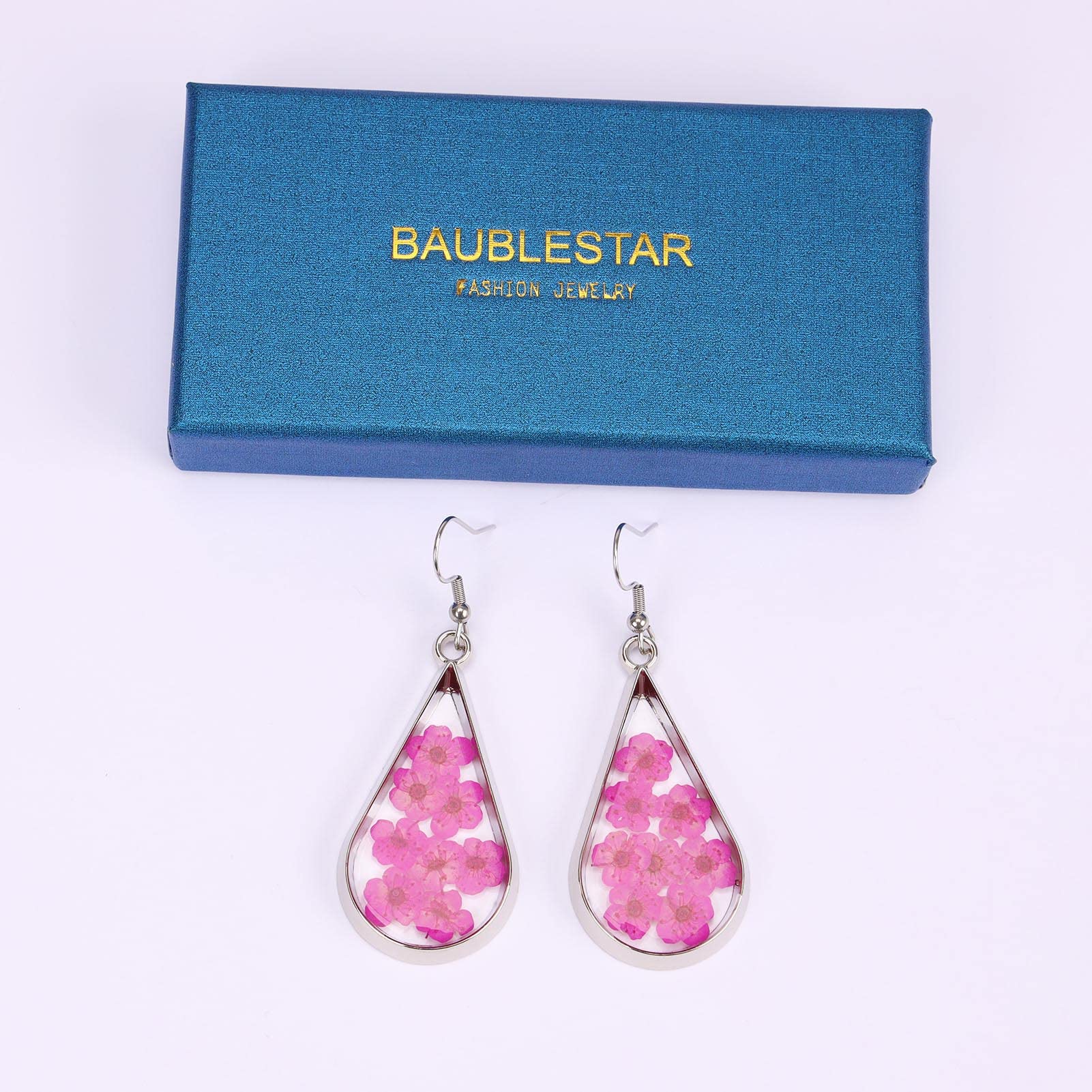 BaubleStar Pressed Dry Flower Hot Pink Teardrop Earrings Natural Dried Flowers Drop Dangle Silver Fashion Jewelry for Women