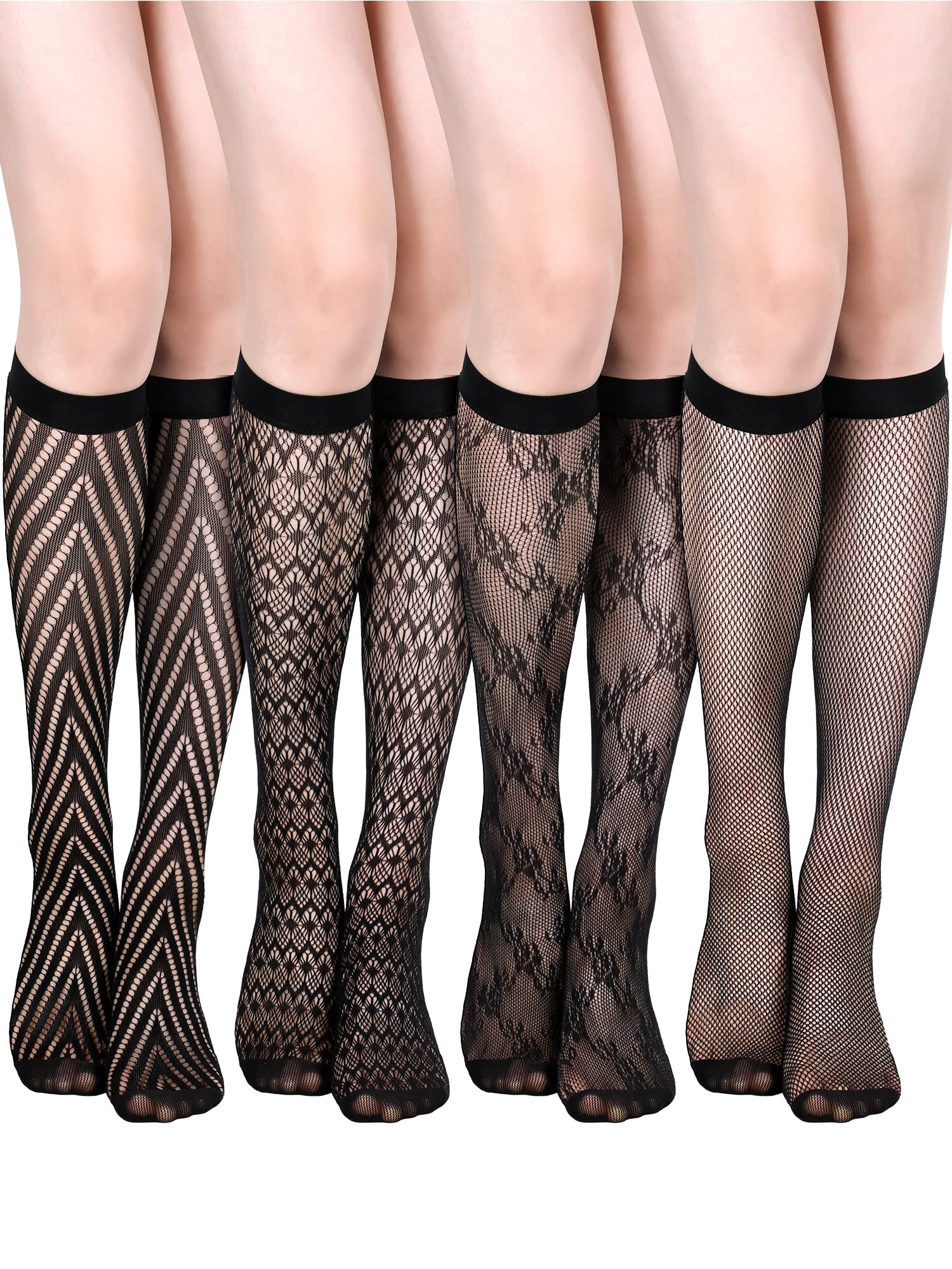 Geyoga 4 Pairs Women's Fishnet Knee High Stockings Lace Hollow out Women's Calf Socks Ankle Sheer Socks(Black,Cute)