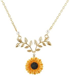 sweet sunflower faux pearl leaf pendant necklace resin daisy flower clavicular chain fashion jewelry for women,golden nice processed