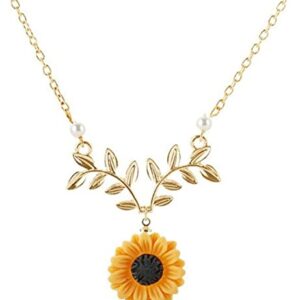 Sweet Sunflower Faux Pearl Leaf Pendant Necklace Resin Daisy Flower Clavicular Chain Fashion Jewelry for Women,Golden Nice Processed