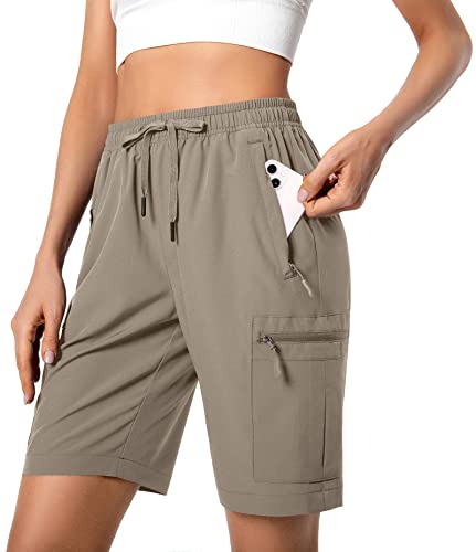 Women's Lightweight Hiking Cargo Shorts Quick Dry Athletic Shorts for Camping Travel Golf with Zipper Pockets Water Resistant Dark Khaki