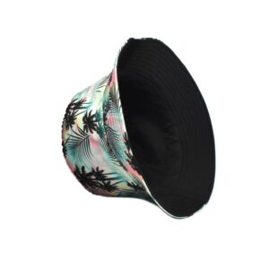 Unisex Bucket Hat Palm Tree Print Double-Side-Wear Reversible Hawaii Black Sun Hat for Women Men, White Packable Fisherman Hat for Teen, Summer Vacation Travel Beach Outdoor Wide Brim Cap