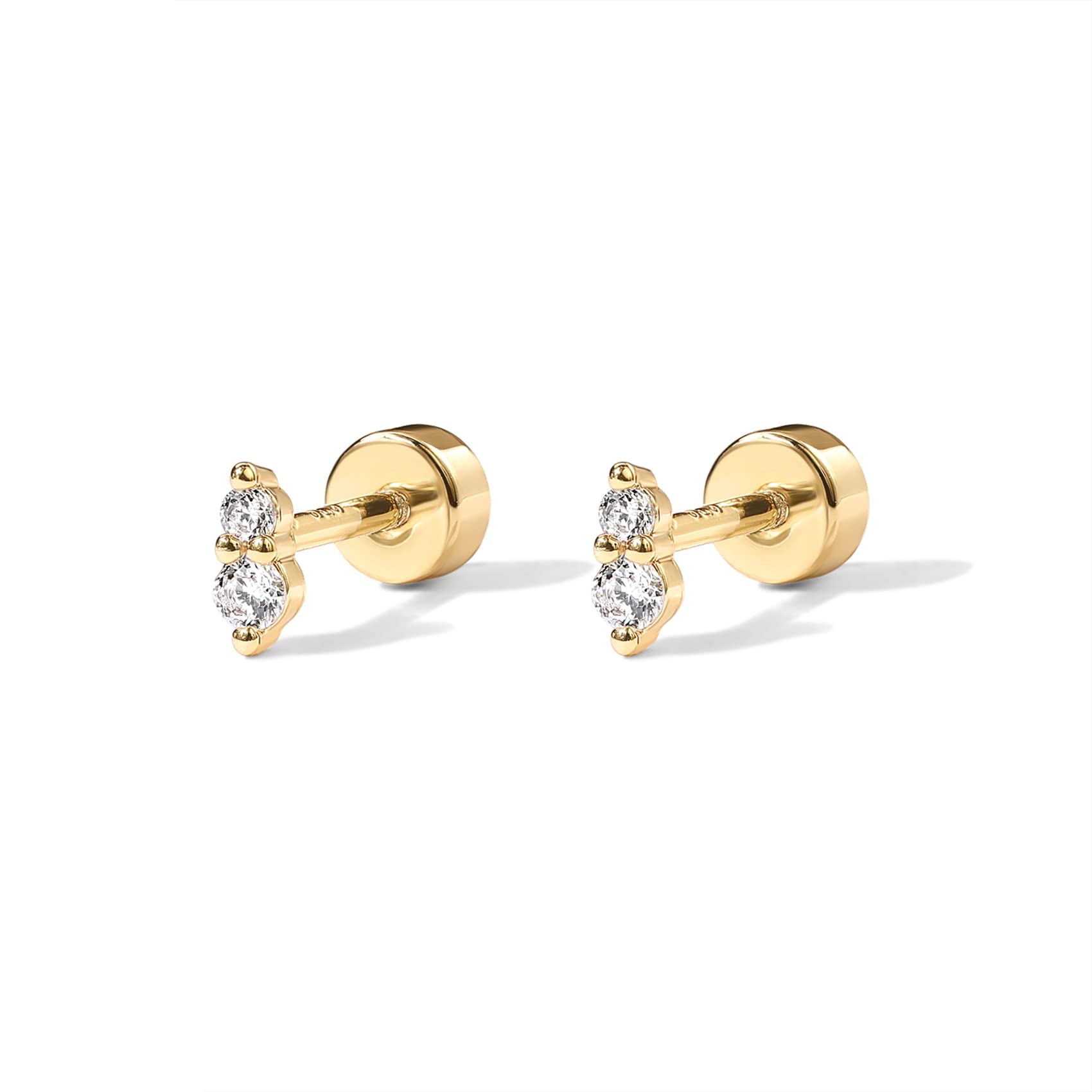 PAVOI 14K Yellow Gold Plated Solid 925 Sterling Silver Post Cubic Zirconia Flat Back Earrings for Women | Deux CZ Cartilage Earring | Helix Piercing Jewelry | Small Stud Earrings