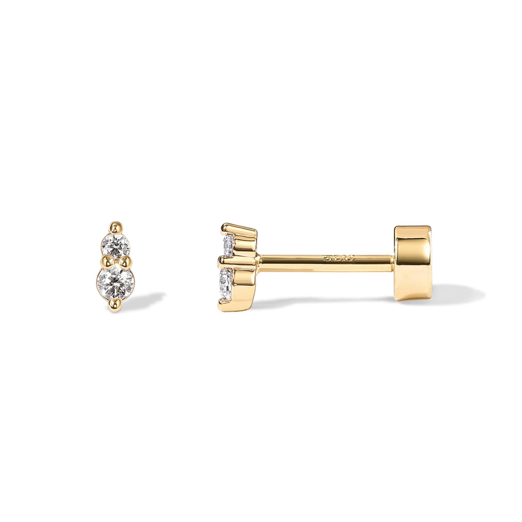 PAVOI 14K Yellow Gold Plated Solid 925 Sterling Silver Post Cubic Zirconia Flat Back Earrings for Women | Deux CZ Cartilage Earring | Helix Piercing Jewelry | Small Stud Earrings