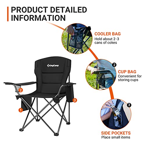 KingCamp Padded Folding Lounge Chairs with Built In Cupholder, Insulated Cooler Sleeve, and Side Storage Pocket for Indoor and Outdoors, 2 Pack, Black