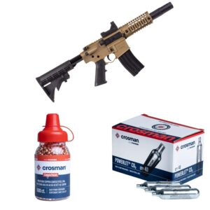 bushmaster bmpwx full auto mpw co2-powered bb air rifle - red dot sight, black/fde + crosman 12gm co2 powerlet cartridges + crosman copperhead 4.5mm copper coated bbs in ez-pour bottle (1500-count)