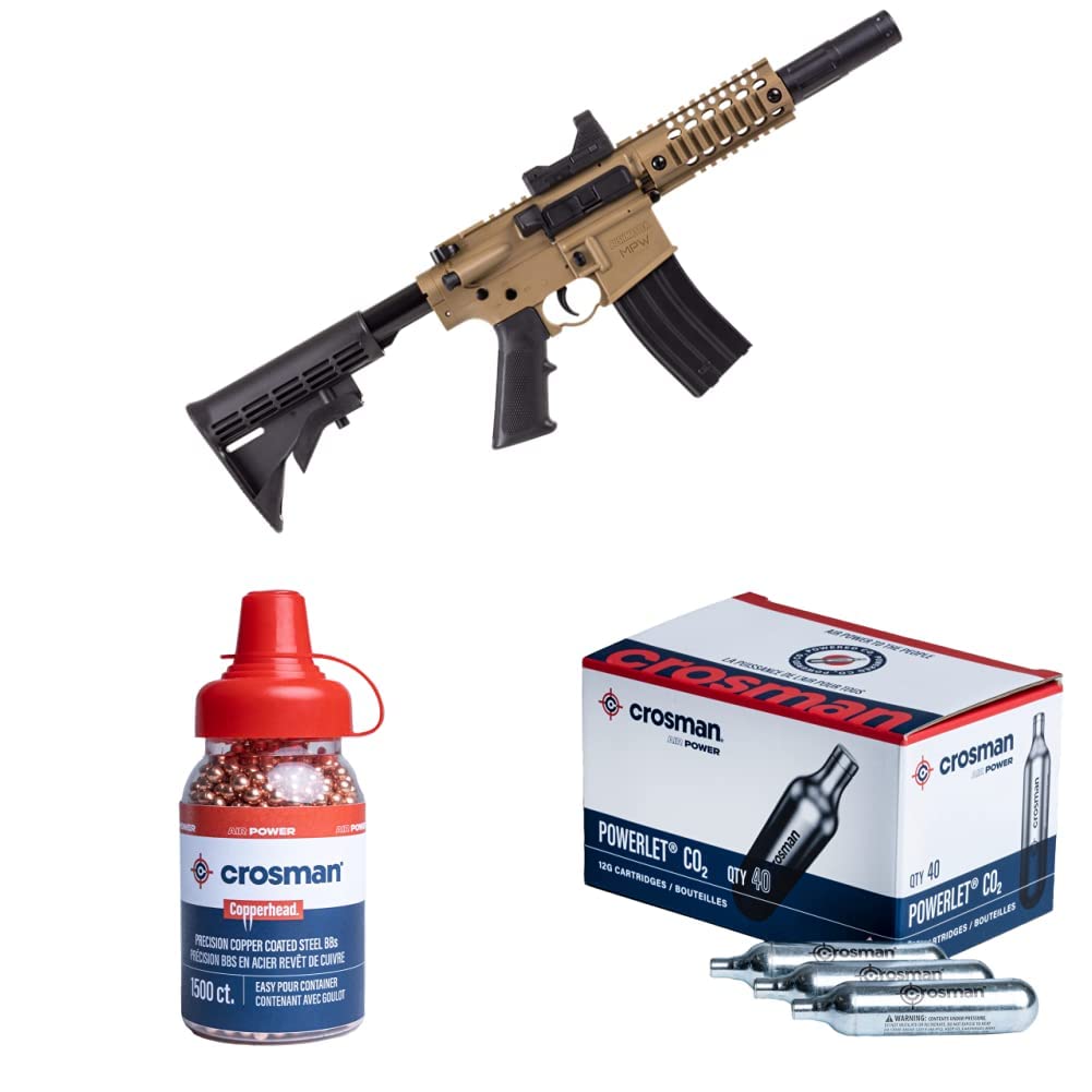 Bushmaster BMPWX Full Auto MPW CO2-Powered BB Air Rifle - Red Dot Sight, Black/FDE + Crosman 12gm CO2 Powerlet Cartridges + Crosman Copperhead 4.5mm Copper Coated BBS in EZ-Pour Bottle (1500-count)