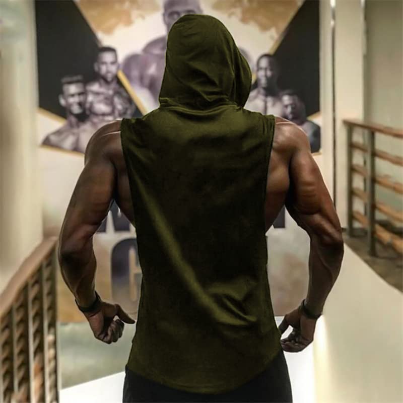 Babioboa Men's Workout Hooded Tank Tops Lightweight Athletic Sleeveless Shirts Gym Hooded Tank Tops(Army Green Medium)