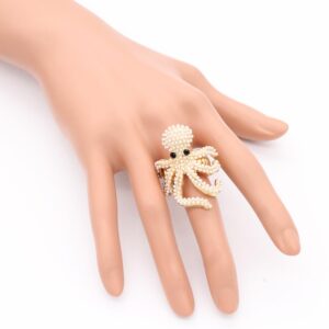 Lavencious Octopus Design Rhinestones Stretch Statement Ring for Women Size for 7-9