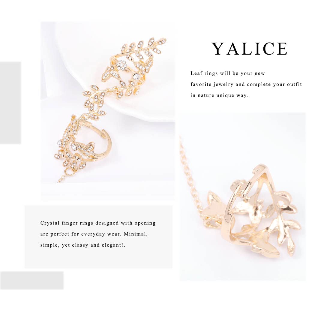 Yalice Charm Leaf Full Finger Ring Bracelets Dainty Knuckle Open Ring Harness Hand Chains Adjustable Statement Rings Jewelry for Women Gift (Gold-2)