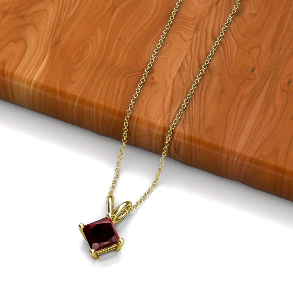 TriJewels Princess Cut (6.00 mm) Red Garnet 1 1/3 ct Double Bail Womens Solitaire Pendant Necklace 16 Inches Chain 14K Yellow Gold