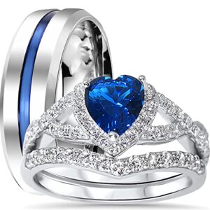 LaRaso & Co His Hers Sterling Blue Sapphire CZ Bridal Wedding Band Engagement Ring Set Him Her Thin Blue Line