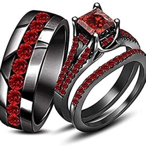 2.55 Ct Princess & Round Cut Red Garnet 14K Black Gold Finish Eternity Love Trio Ring Set For Him & Her (8)