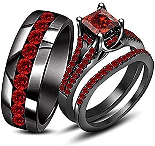 2.55 Ct Princess & Round Cut Red Garnet 14K Black Gold Finish Eternity Love Trio Ring Set For Him & Her (8)