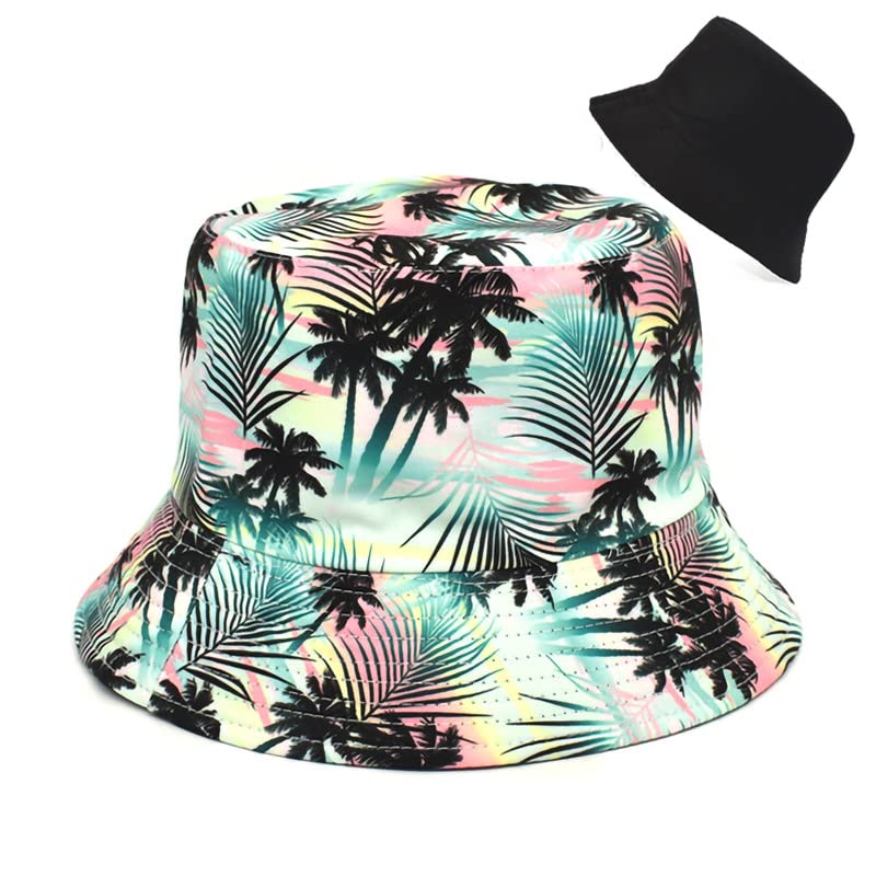 Unisex Bucket Hat Palm Tree Print Double-Side-Wear Reversible Hawaii Black Sun Hat for Women Men, White Packable Fisherman Hat for Teen, Summer Vacation Travel Beach Outdoor Wide Brim Cap