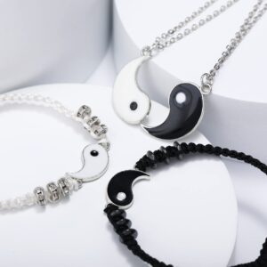 BONJOULRY Yin Yang Couples Necklaces BFF Bracelets Set for 2: Women Mens Matching Friendship Necklace Relationship Bracelets for Best Friends (Silver)