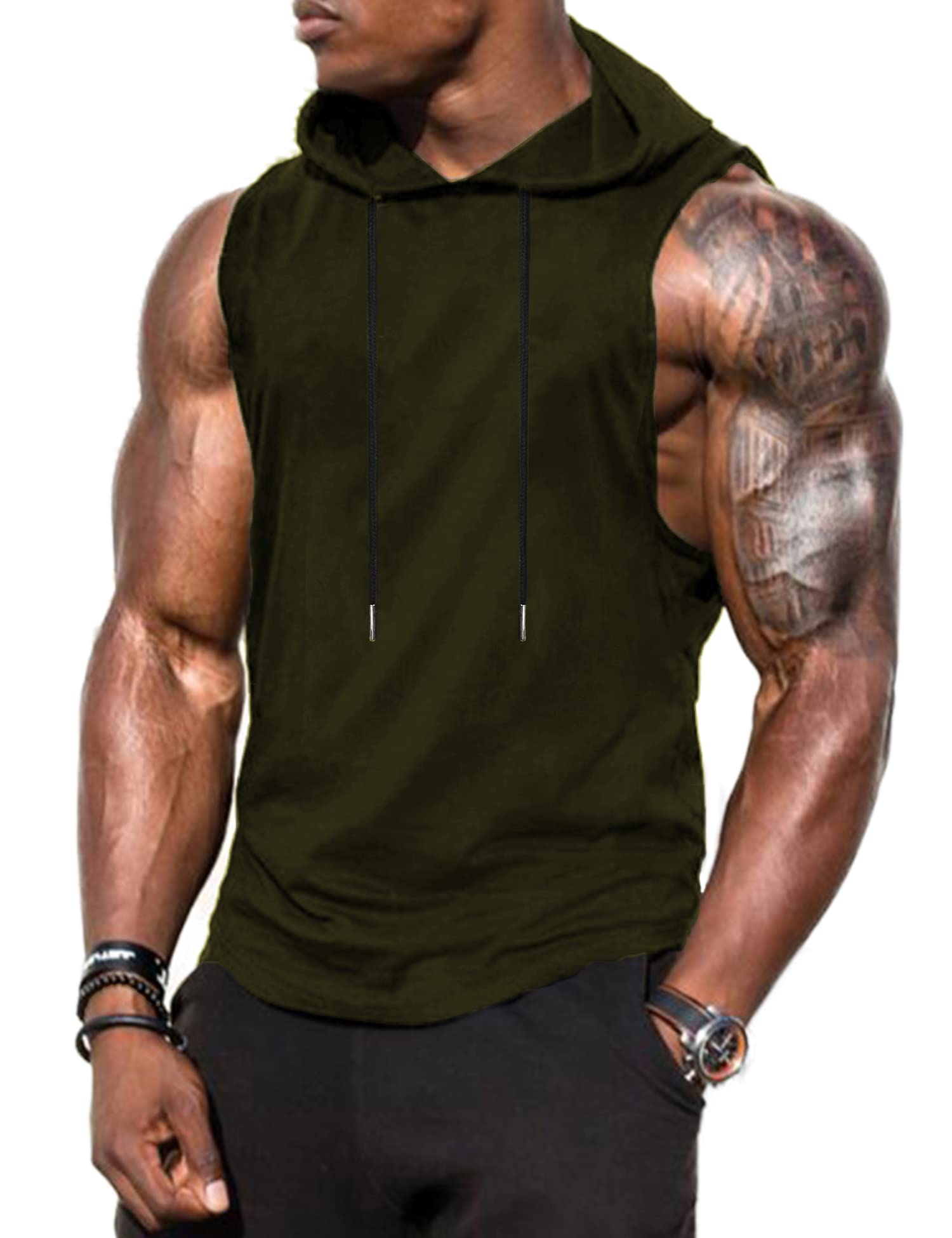 Babioboa Men's Workout Hooded Tank Tops Lightweight Athletic Sleeveless Shirts Gym Hooded Tank Tops(Army Green Medium)