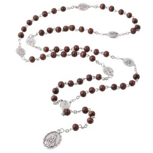 Loumu Seven Sorrows of Mary Rosary Chaplet with Wooden Beads Hematite Beads Glass Pearl Beads Crystal Beads Catholic Rosary Necklace for Women and Men Catholic Gift (brown, Wooden Beads)