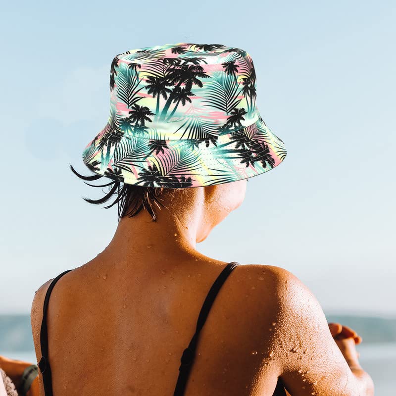 Unisex Bucket Hat Palm Tree Print Double-Side-Wear Reversible Hawaii Black Sun Hat for Women Men, White Packable Fisherman Hat for Teen, Summer Vacation Travel Beach Outdoor Wide Brim Cap