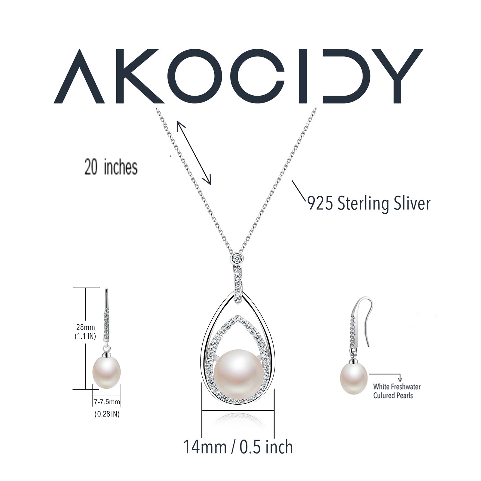 AKOCIDY-Freshwater Cultured Pearl Pendant Necklace and Dangle Earrings Set 925 Sterling Silver Bridal Jewelry Set