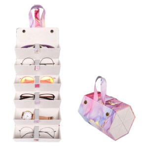 megrez 6 slots sunglasses organizer box, pu leather foldable eyeglasses case, portable sunglasses case for multiple glasses, sunglasses holder for travel, pink-marble pattern