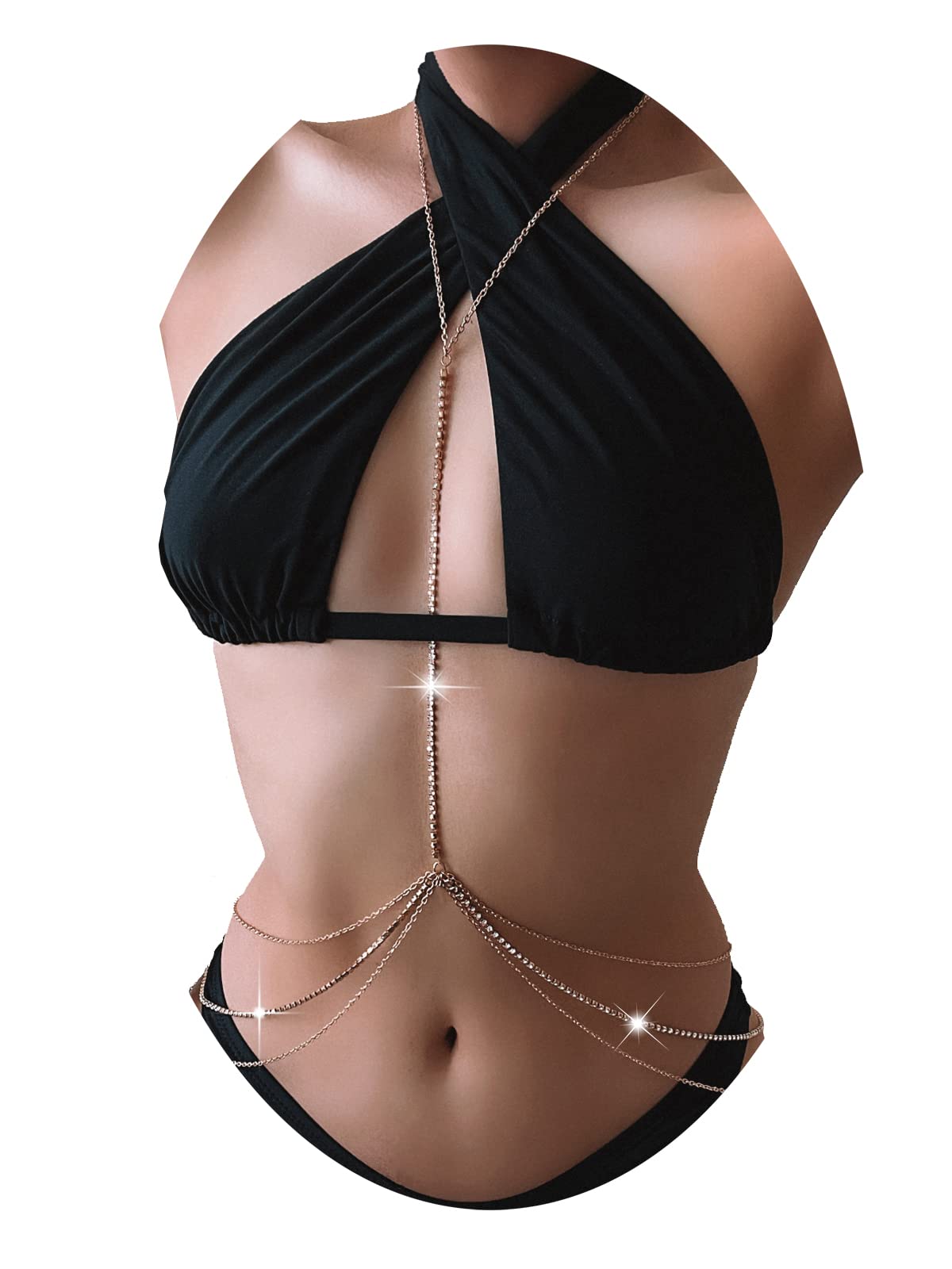 Rhinestone Body Chains Jewelry For Women Sexy Belly Waist Chain Bikini Beach Accessories (Gold color)