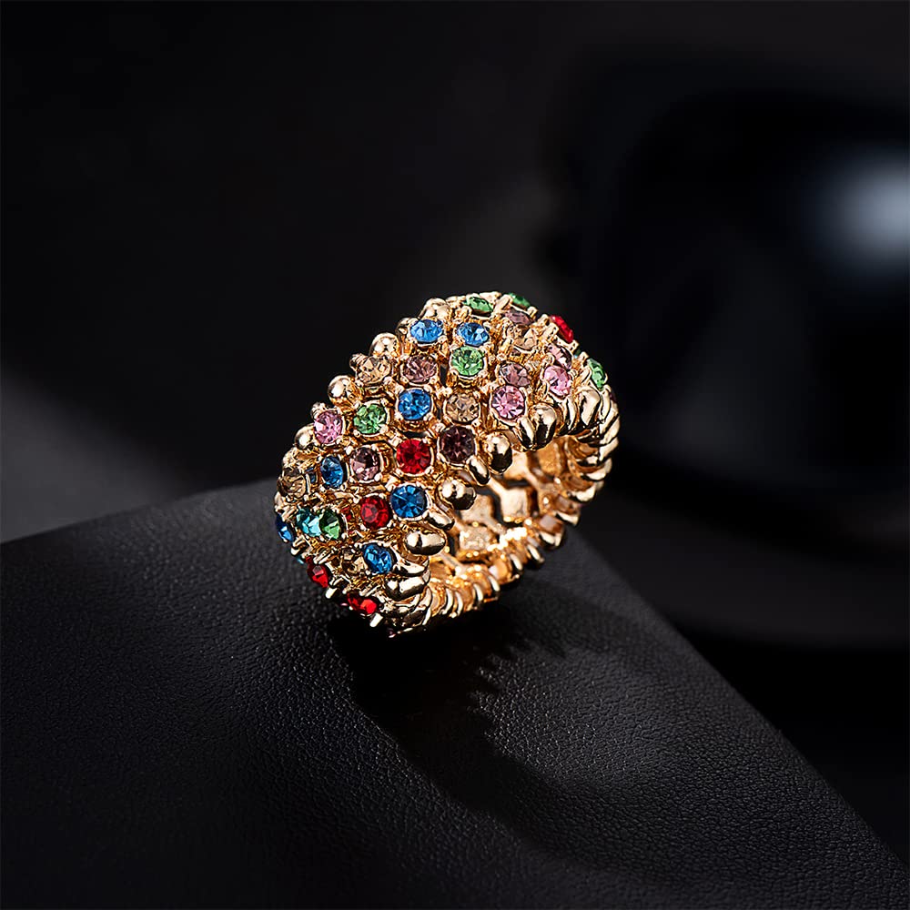 Colourful Crystal Adjustable Stretch Rings for Women Girl Finger Accessories Jewelry Elastic Rings (Colourful Crystal Gold Plated), 0.47*0.98 in