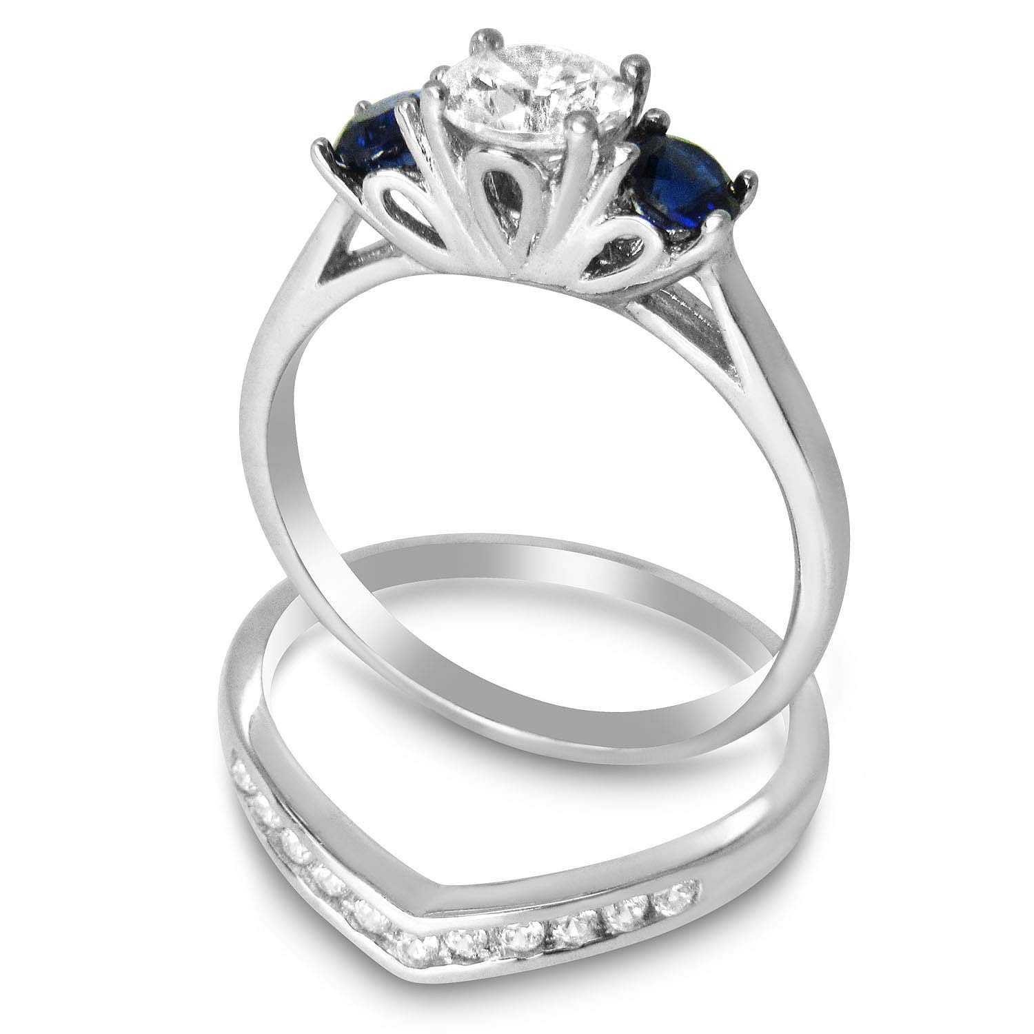 LaRaso & Co His Hers Sterling Blue Sapphire CZ Bridal Wedding Band Engagement Ring Set Him Her Thin Blue Line