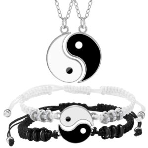 BONJOULRY Yin Yang Couples Necklaces BFF Bracelets Set for 2: Women Mens Matching Friendship Necklace Relationship Bracelets for Best Friends (Silver)