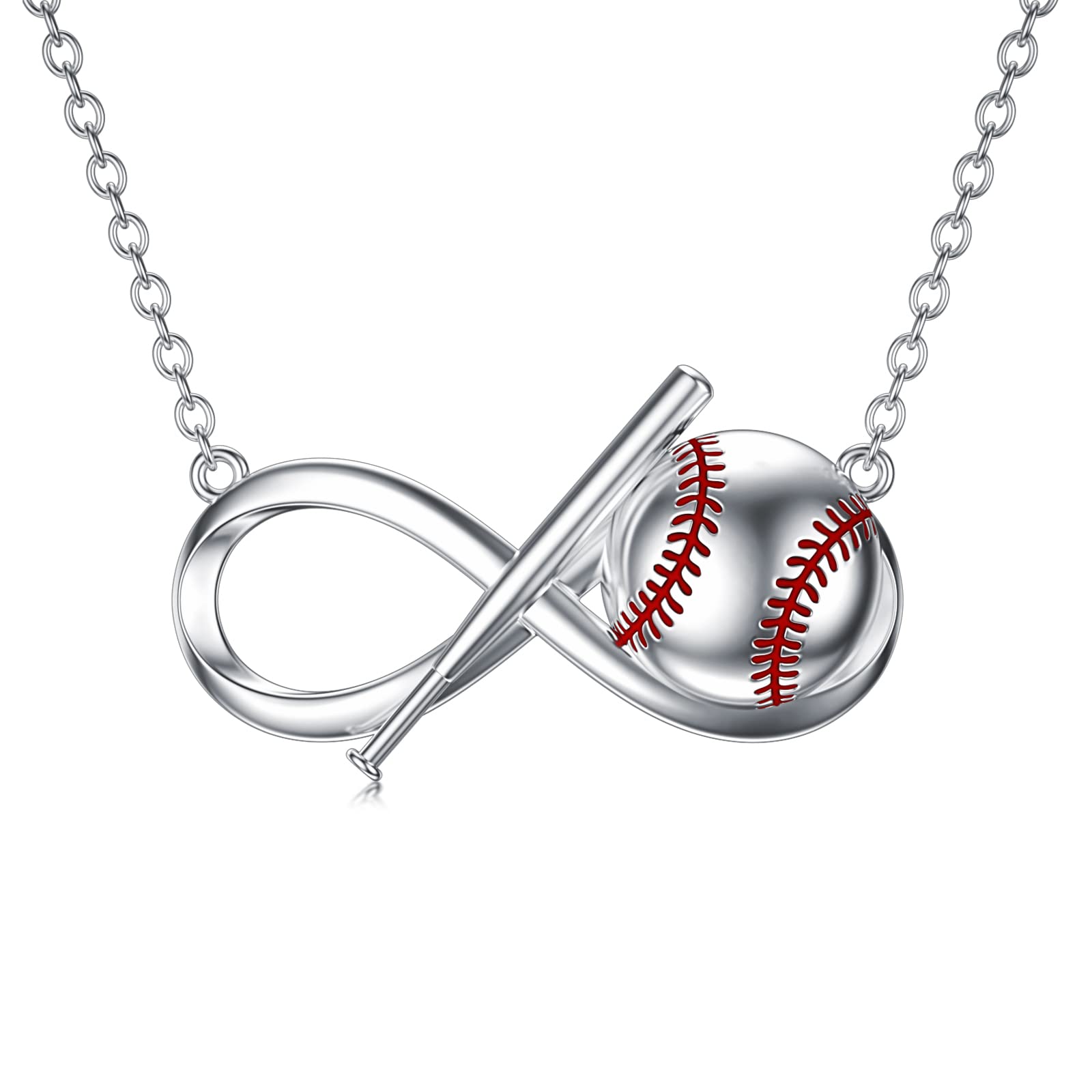 RMREWY Baseball Necklace 925 Sterling Silver Infinity Pendant Baseball Bat Sports Charm Baseball Jewelry Gift for Women Baseball Lovers