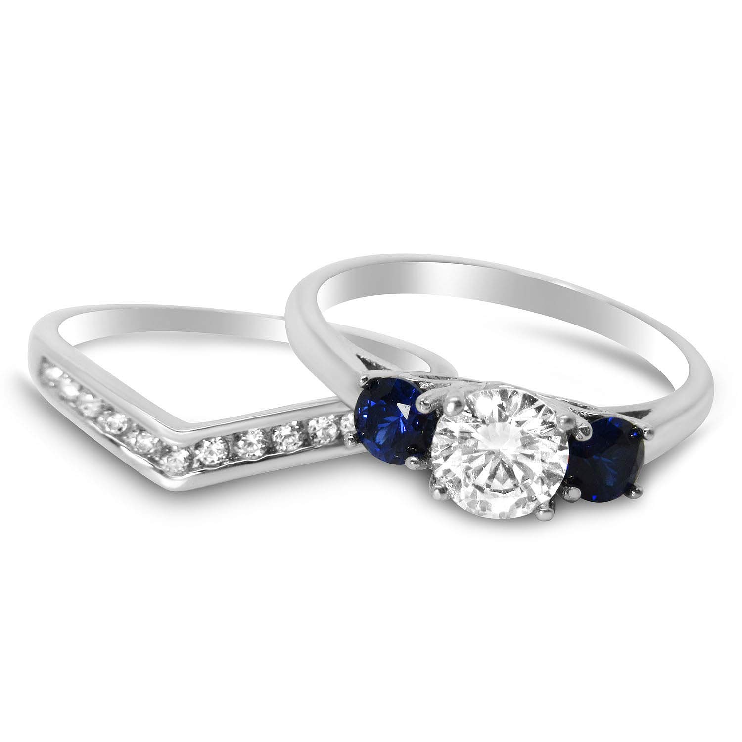 LaRaso & Co His Hers Sterling Blue Sapphire CZ Bridal Wedding Band Engagement Ring Set Him Her Thin Blue Line