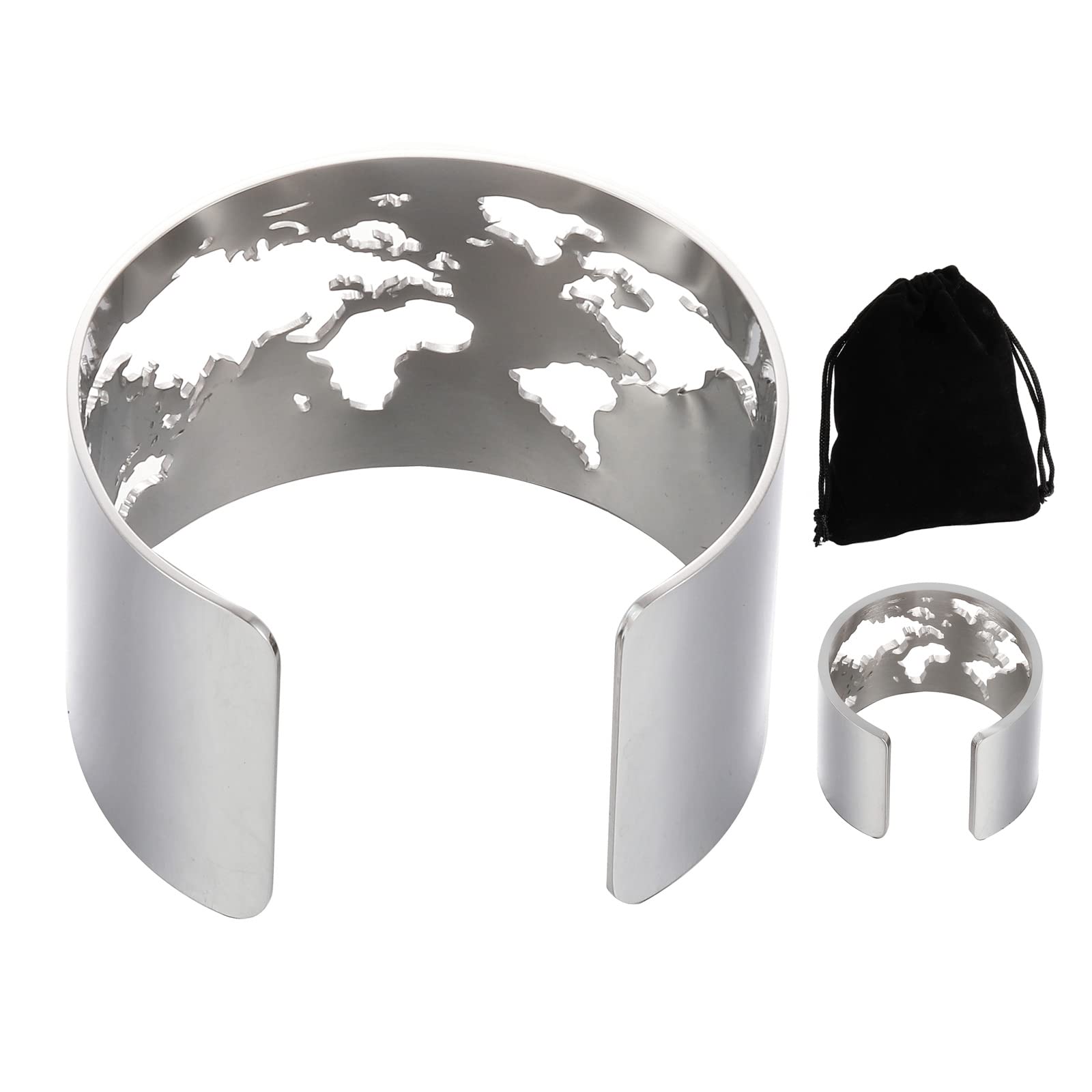 Wide Open Cuff Bangle Bracelets Finger Ring Set Gifts for Women,Stainless Steel Broad Chunky Black World Map Engraved Bangles, Stainless Steel, no gemstone