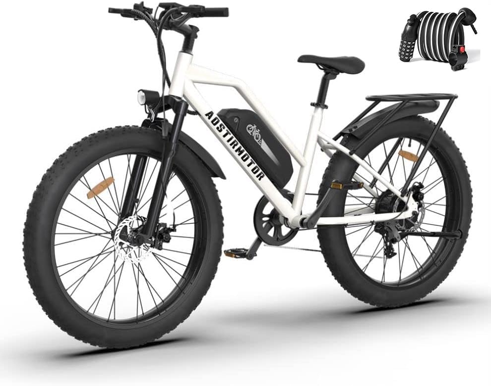 aostirmotor 750W Electric Bike for Adults 26"×4" Fat Tire Electric Bike 48V 13AH Lithium Battery Adult Electric Bicycles, 28MPH E Bike for Adults, Shimano 7 Speed Electric Mountain Bike (White)