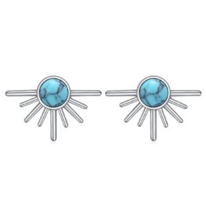 KQF Tiny Sun Stud Earrings for Women Moonstone Turquoise Opal Sterling Silver Earrings