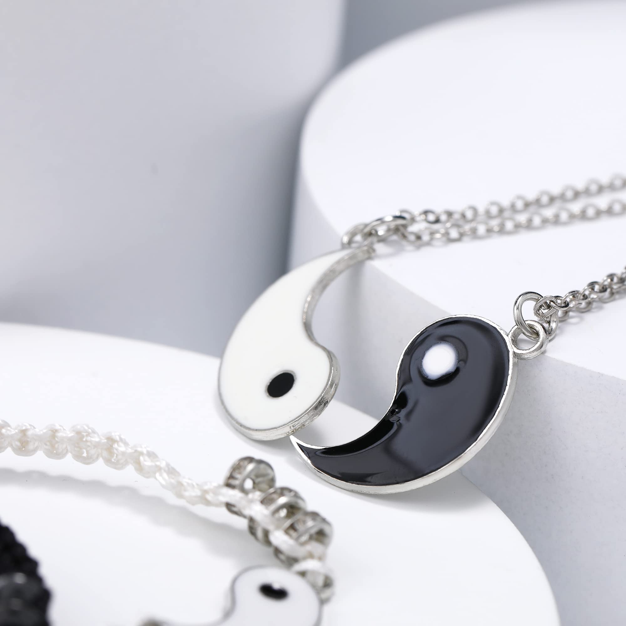 BONJOULRY Yin Yang Couples Necklaces BFF Bracelets Set for 2: Women Mens Matching Friendship Necklace Relationship Bracelets for Best Friends (Silver)