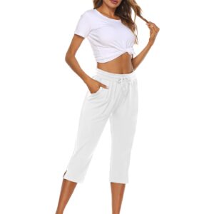 THANTH Womens Capri Yoga Pants Loose Drawstring Comfy Lounge Pajama Capris Workout Jersey Joggers Pants with Pockets White S