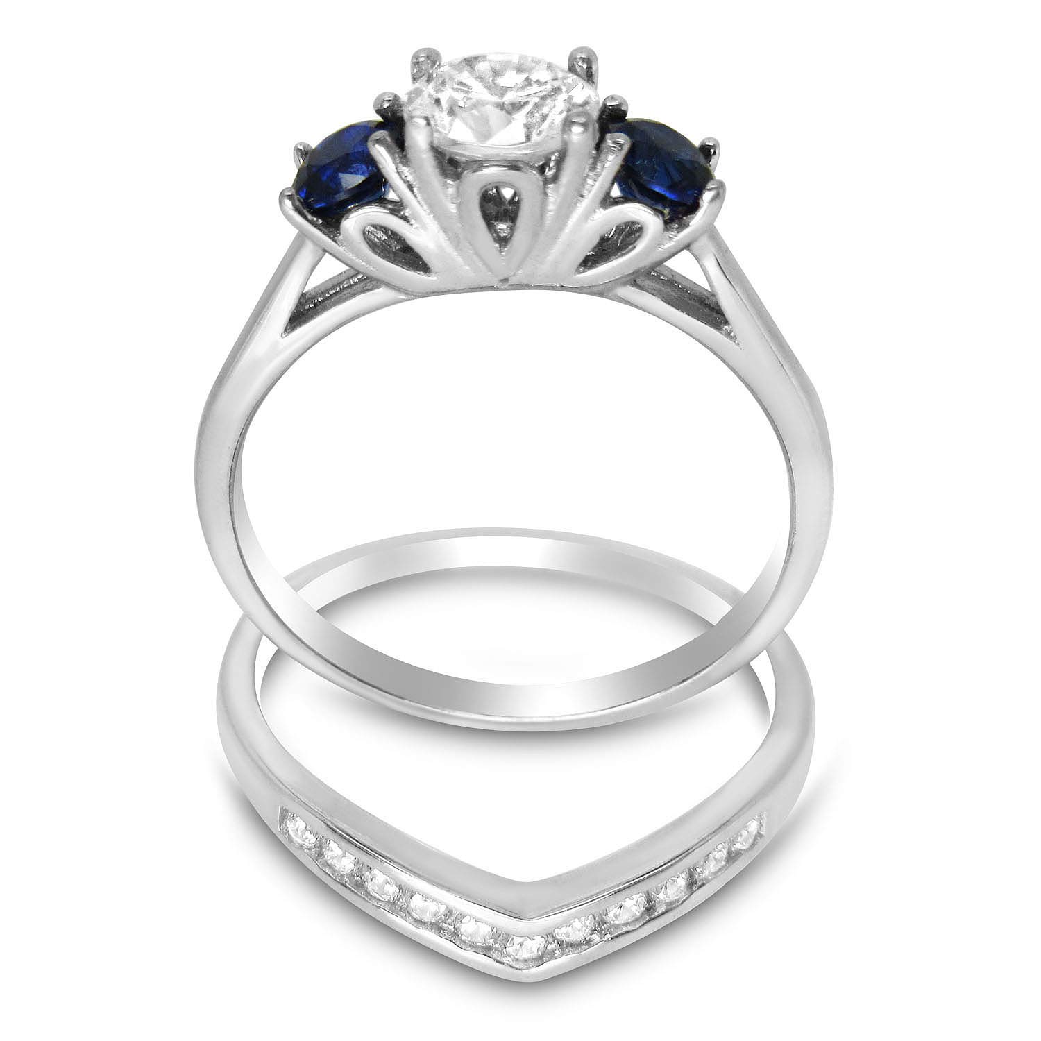 LaRaso & Co His Hers Sterling Blue Sapphire CZ Bridal Wedding Band Engagement Ring Set Him Her Thin Blue Line