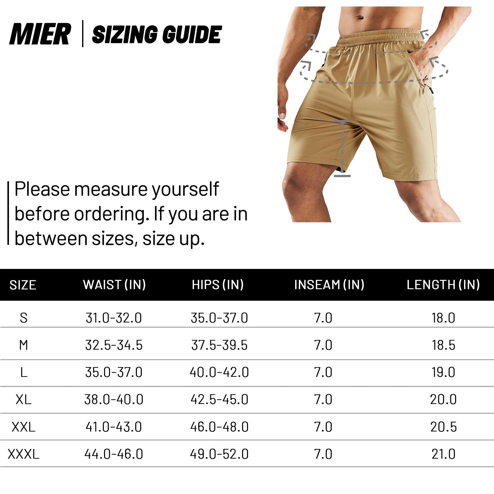 MIER Men's Quick Dry Running Shorts with Zipper Pocket, Elastic Waist Athletic Workout Exercise Fitness Shorts, 7 Inch, Khaki, Medium